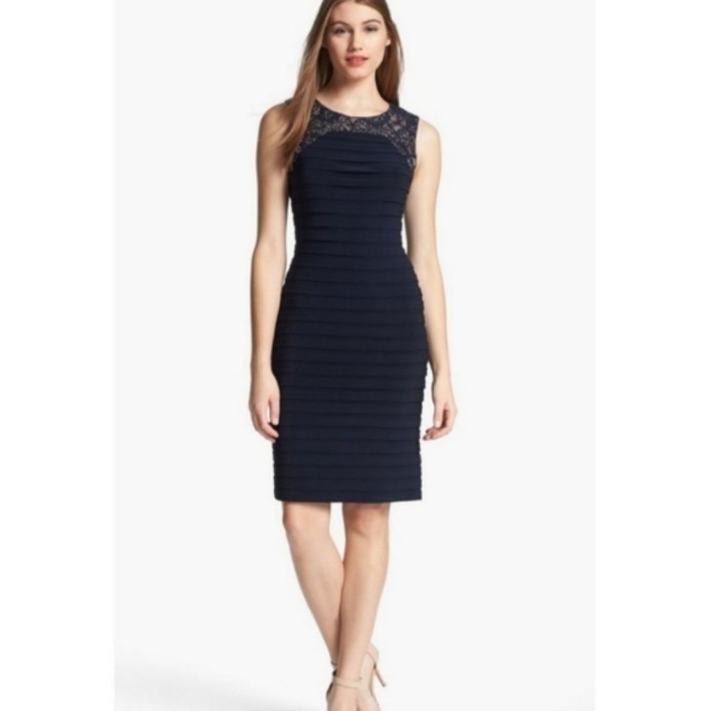 Adrianna Papell Navy Pleated with Lace Detail Special Occasion Dress, Size 8